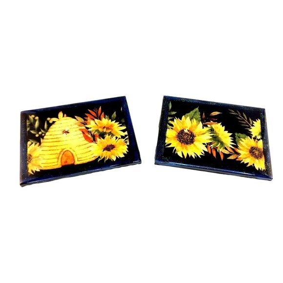 Sunflower & Beehive Resin Tile Trivet Coaster Set With Vibrant Blue & Yellow Des - Picture 1 of 10